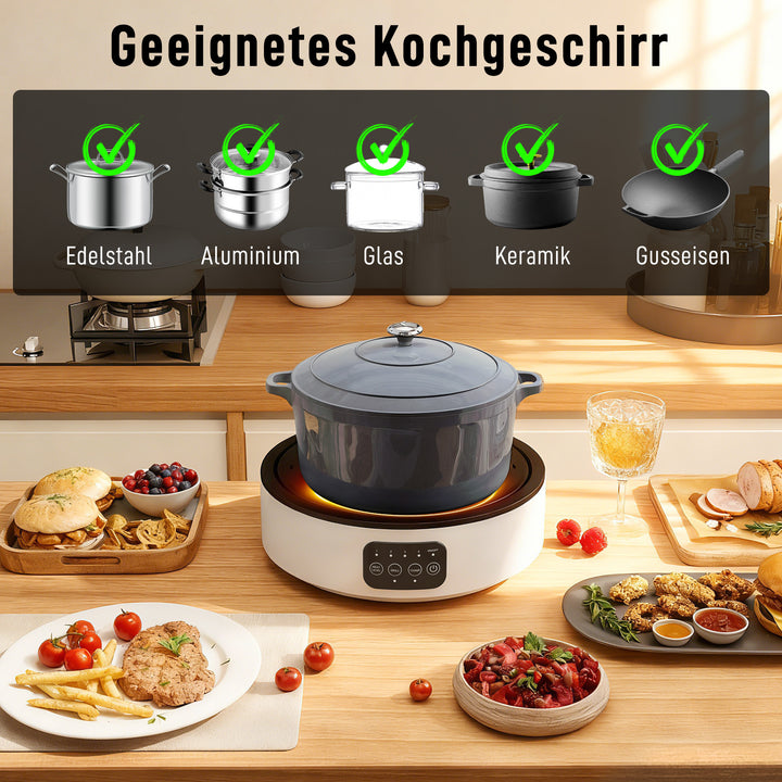 Dobbelt keramisk kogeplade, 2-i-1 design, til madlavning og grillning, 2000W, 4 varmeindstillinger, LED-display, drypbakke, hvid