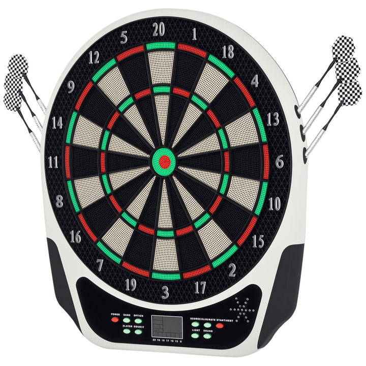 Elektronisk dartskive med stemmemeddelelser, LED-displays, 6 pile, 24 pilhoveder, 18 spil, 159 variationer, dartmaskine, dartskivesæt til op til 8 spillere