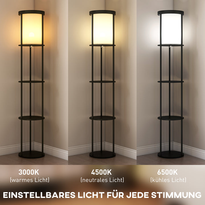 Gulvlampe med 3 hylder, rundt design, fjernbetjening, fodkontakt, justerbar lysvarme, til stue, sort