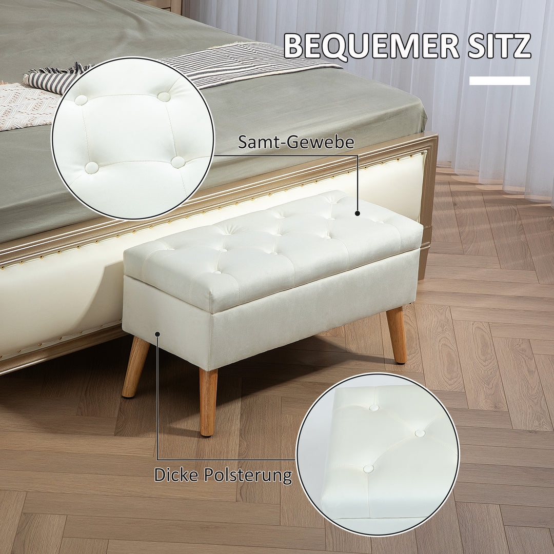Polstret bænk med opbevaring, betræk af fløjlsstof, træben, til stue, soveværelse, entré, 80 x 35 x 40 cm, hvid