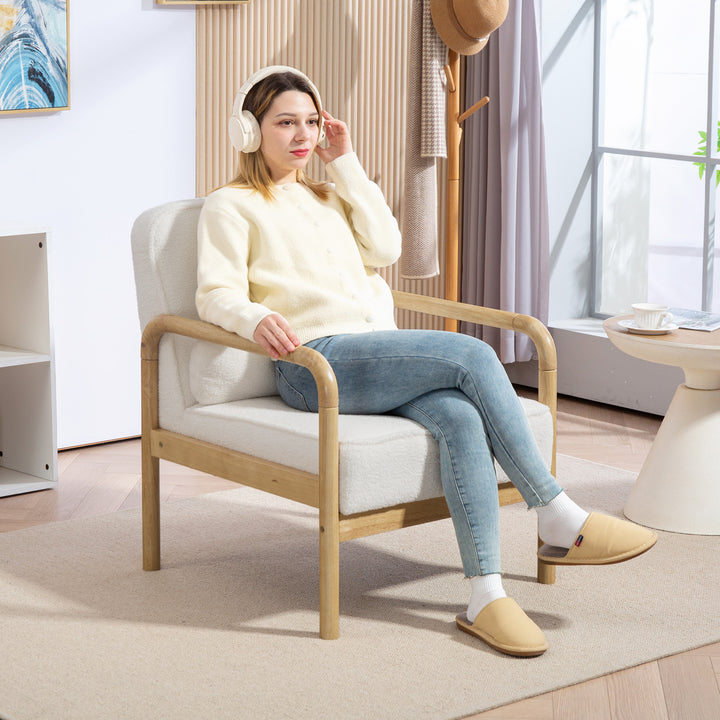 Accentstol, polstret stol med stofbetræk, gummitræsstel, moderne stol med hynde, hvid