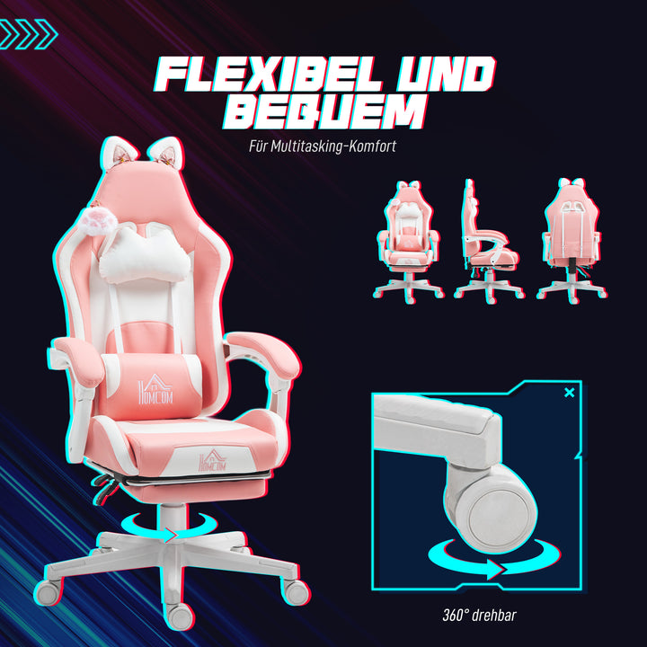 Gamingstol med katteører, lænelæn, udtrækkelig fodstøtte, op til 120 kg, pink/hvid