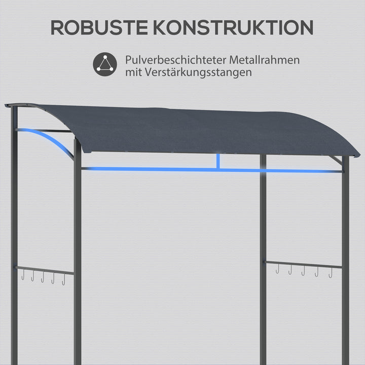 Grillpavillon, grillovertræk, regnslag, kroge til redskaber, stålramme, grå, 215 x 150 x 174/220 cm