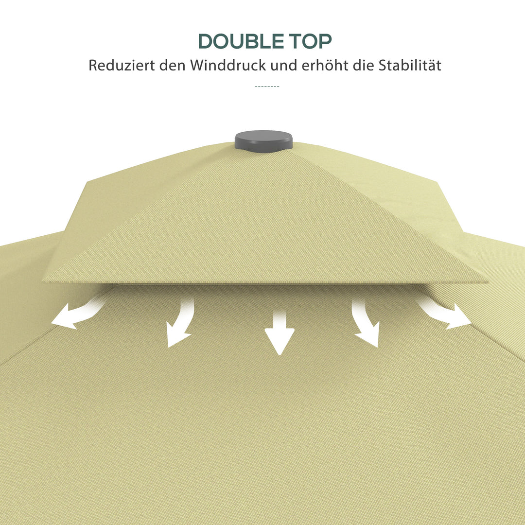 Haveparasol, hængende parasol, dekorativ kant, ventileret tag, metalramme, 2,4x2,4x2,6m, beige