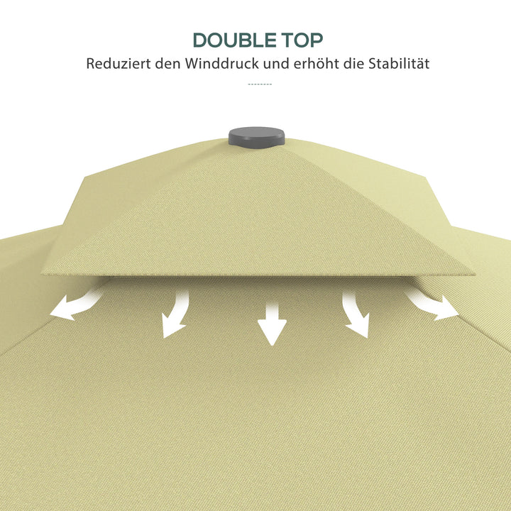 Haveparasol, hængende parasol, dekorativ kant, ventileret tag, metalramme, 2,4x2,4x2,6m, beige