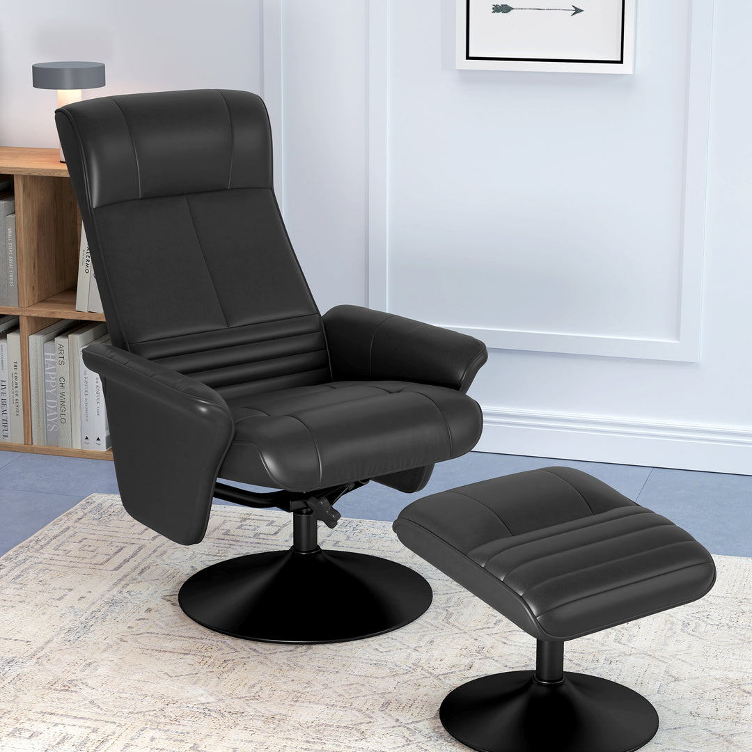 Polstret lænestol, accentstol med fodskammel, drejelig, ergonomisk, mikrofiberlook, op til 150 kg, sort