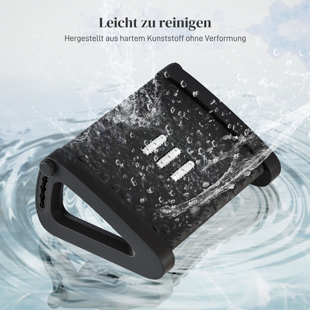 Skrivebordsfodstøtte, højdejusterbar fodskammel med massageoverflade og hjul, plastik, sort