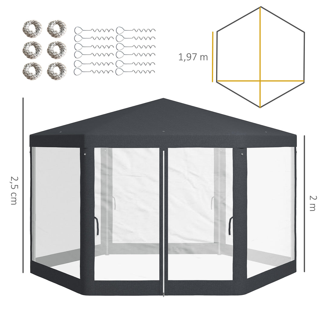 Havepavillon, sekskantet, netgardiner, metalramme, 3,94x3,412x2,5m, mørkegrå