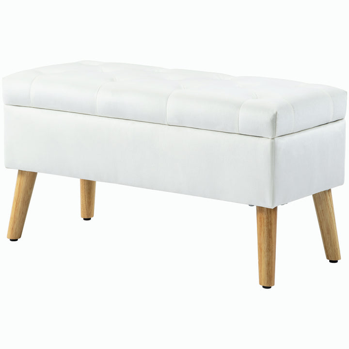 Polstret bænk med opbevaring, betræk af fløjlsstof, træben, til stue, soveværelse, entré, 80 x 35 x 40 cm, hvid