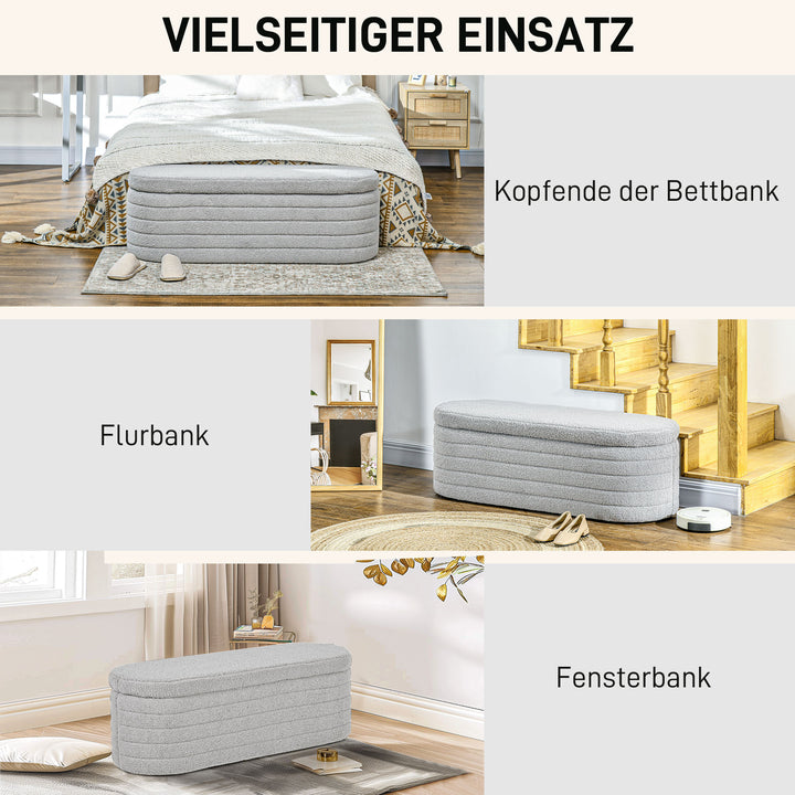 Sengebænk, opbevaringsplads, teddy fleece, 116x41x40,5cm, lysegrå