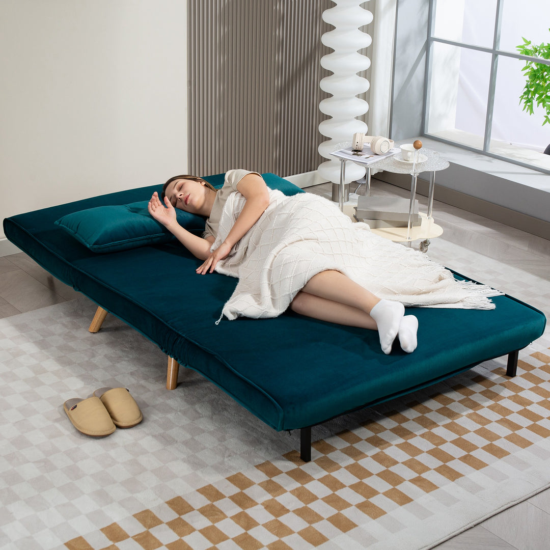 2-personers sovesofa, kan laves om til seng, justerbar ryglæn, stofbetræk, metalstel, grøn