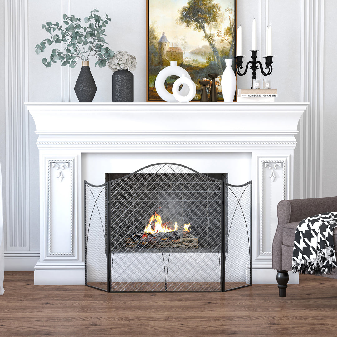 Gnistskærm til pejse, tredobbelt, metalstruktur, belagt, 108 x 2 x 76 cm, sort