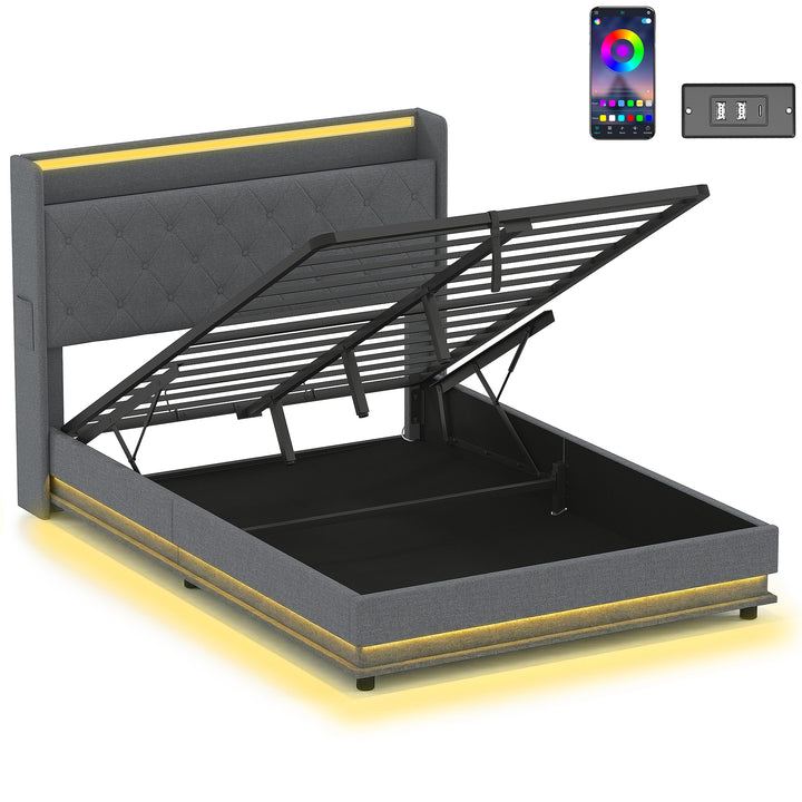 Sengestel 140 x 200 cm med hoved- og fodgærde, platformseng med hydraulisk opbevaring, LED-lys