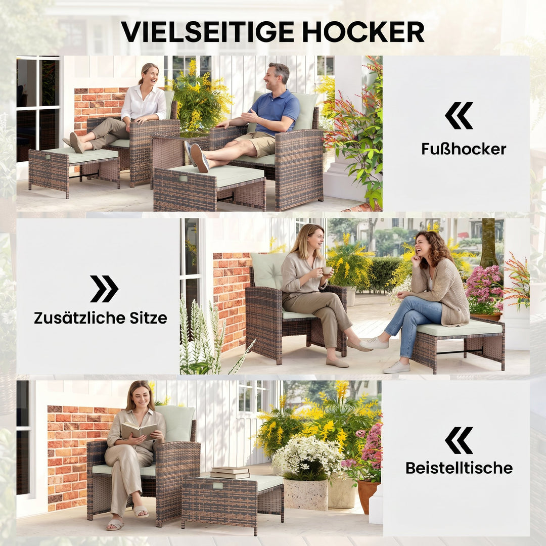 Rattan havemøbelsæt, 5-delt balkonmøbelsæt med 2 stole, hynder, skamler, bord, opbevaringsrum, cremehvid
