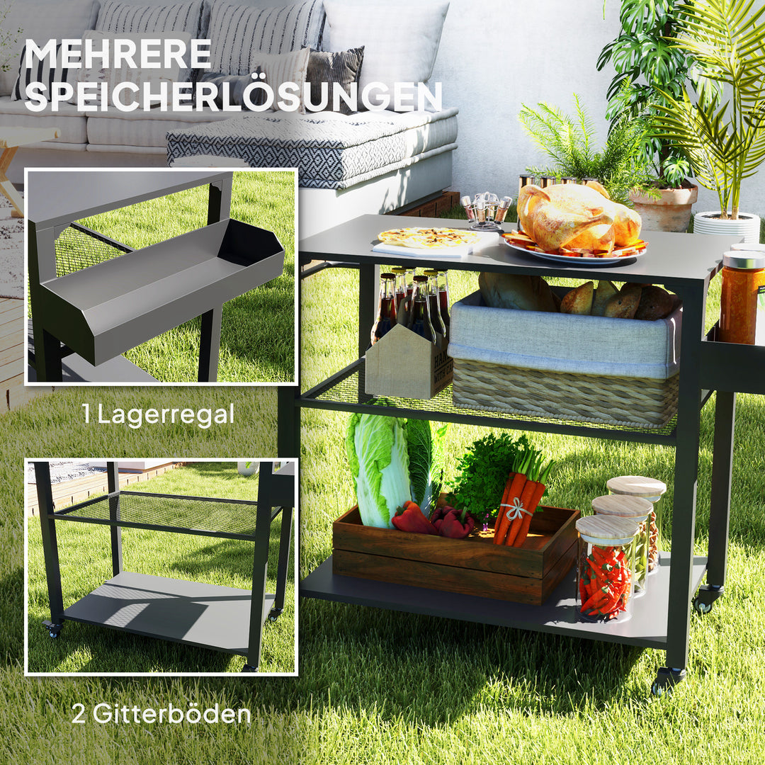 Udendørs køkkenø, grillvogn med opbevaringshylde, håndtag, 4 hjul, køkkenvogn, terrasse, have, metal, sort