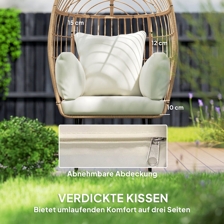 Ægformet rattanstol med aftagelig hynde, polstret udendørsstol lavet af rattan 95 x 80 x 155 cm beige