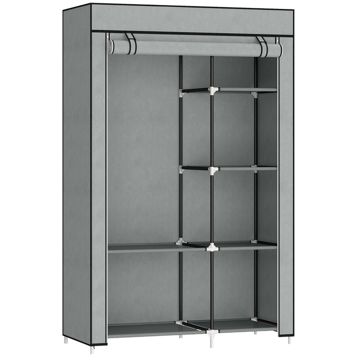 Stofgarderobe, opbevaringsløsning, 6 hylder, 1 garderobestang, lysegrå