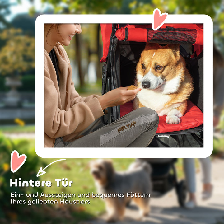 Sammenklappelig hundebåren/hundevogn til hunde op til 10 kg, med 3 hjul, netvinduer, kopholder og opbevaringskurv, 109,5 x 57,5 x 106,5 cm, rød