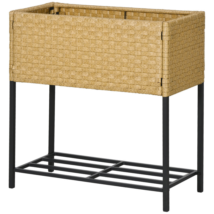 Højbed, blomsterkasse, dyb hylde, metalstel/polyrattan, 70 x 30 x 72 cm, beige