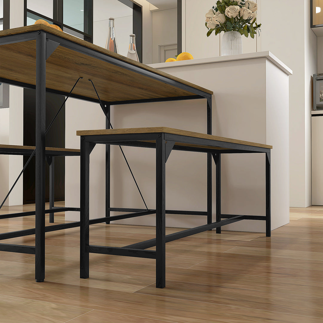 Spisesæt, bord og 2 bænke, industrielt design, stålstel, trædekor/sort