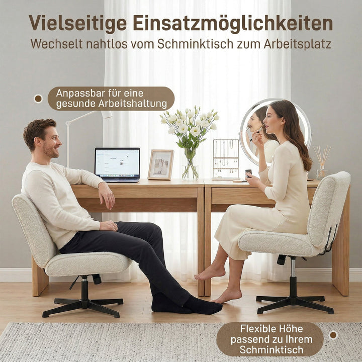 Drejelig accentstol, fløjlsbetrukket loungestol med højdejustering til stue, kontor, cremehvid