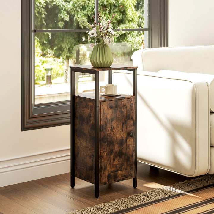 Sidebord med opbevaring, 2 åbne hylder, justerbar i 3 niveauer, magnetisk dør, brun