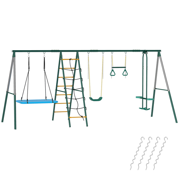 5-i-1 gyngesæt med justerbar redegynge, gymnastikringe, dobbeltsæde klatrestativ til 3-8 år, 440x175x203 cm