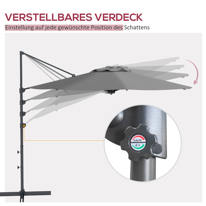 Ø3 m cantilever parasol, vipbar, drejelig, håndsving, vindfang, metalmast, mørkegrå