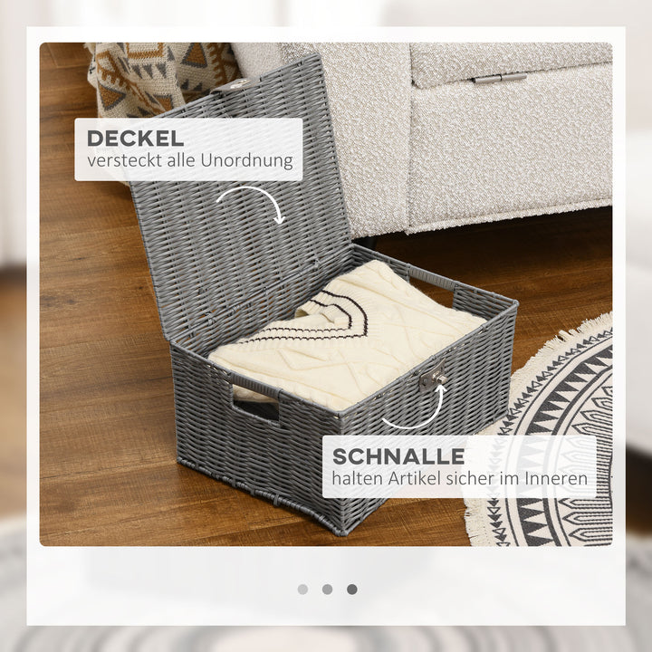 Sæt med 3 opbevaringskurve i pe-rattan med lukning og håndtag, 35,5 cm x 28,5 cm x 18 cm, grå