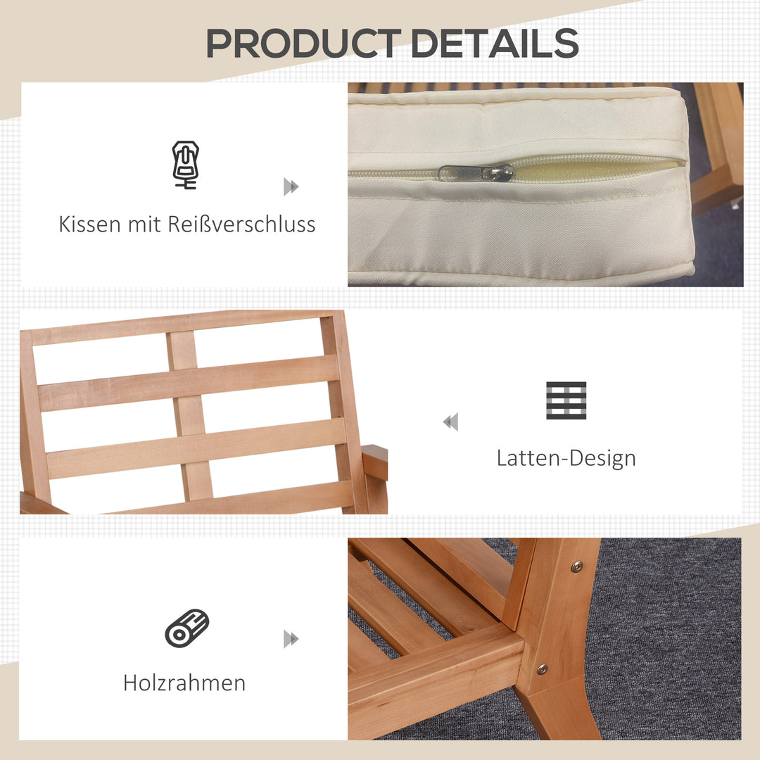 Sæt med 2 havestole med hynder, havestolsæt, havestol lavet af poppeltræ, havemøbler, træstol, balkonstol, terrassestol, brun + beige, 66 x 77,5 x 74,5 cm