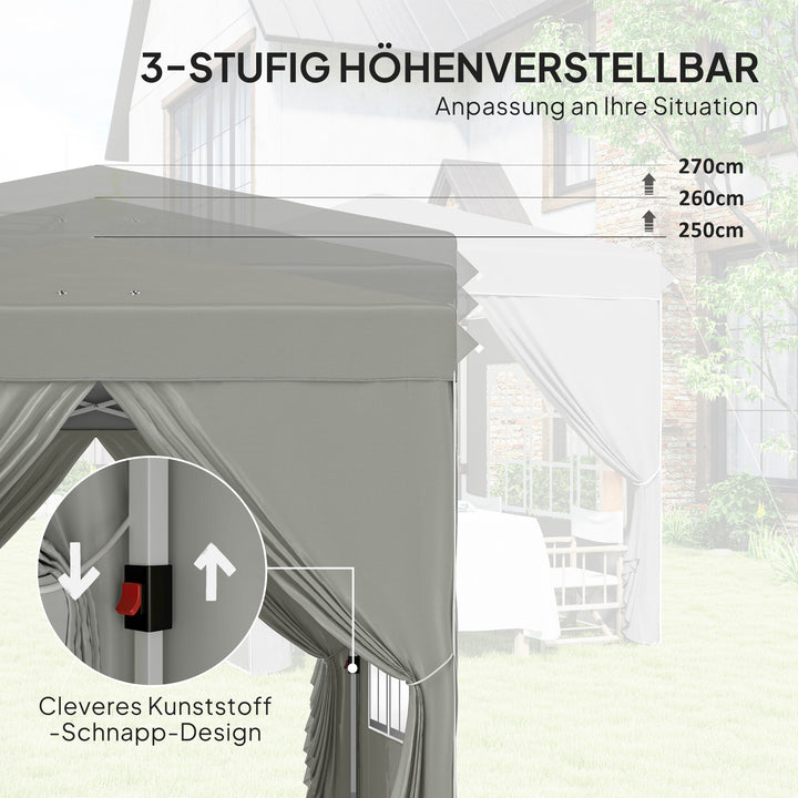 2,5 x 2,5 m pop-up pavillon med sidevægge og bæretaske, UPF50+ højdejusterbart havetelt, lysegrå