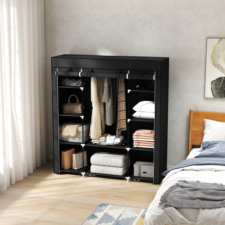 Stofgarderobe, foldbar garderobe, 1 bøjlestang, 9 hylder, 150 cm x 43 cm x 162,5 cm, sort
