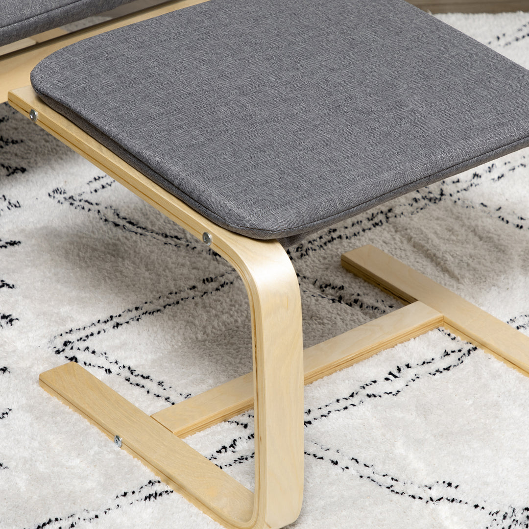 Lænestol med fodskammel, lænestolsæt, op til 120 kg, hørlook, massivt træ, grå + natur, 66,5 x 80 x 99 cm