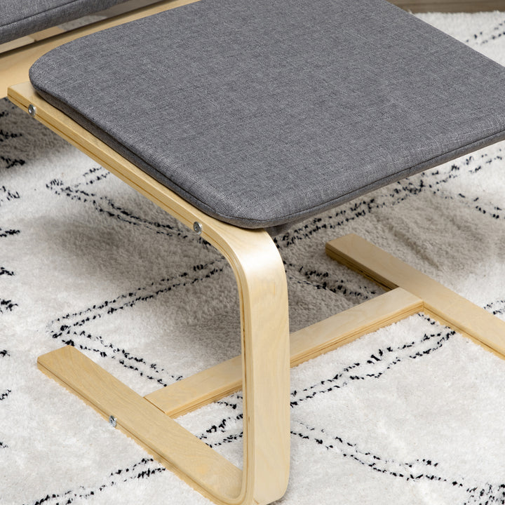 Lænestol med fodskammel, lænestolsæt, op til 120 kg, hørlook, massivt træ, grå + natur, 66,5 x 80 x 99 cm