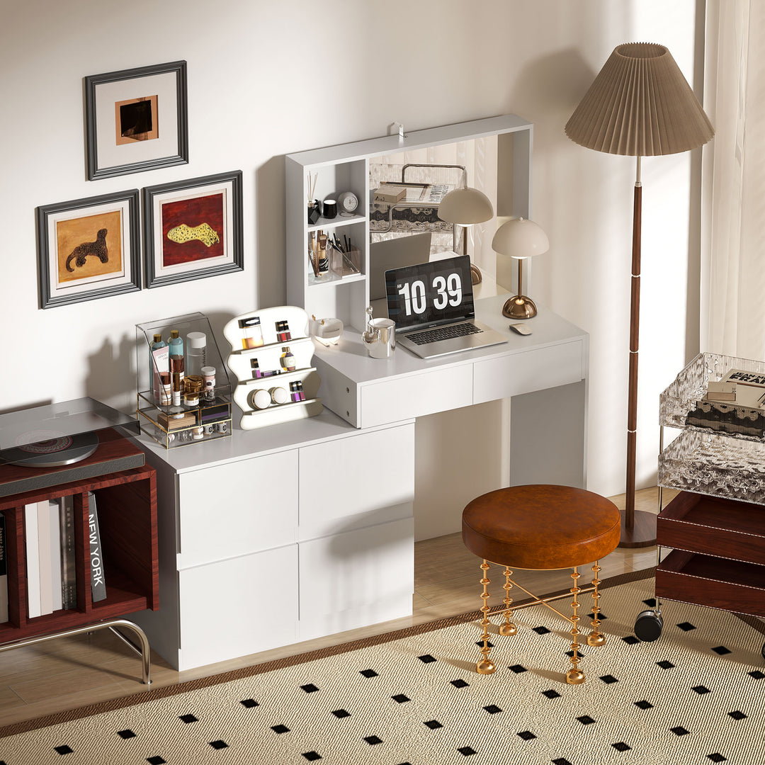 Sminkebord, makeupbord med stort spejl, 4 skuffer, 3 åbne rum, 2 skabe, mdf, hvid