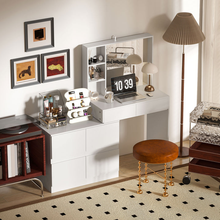 Sminkebord, makeupbord med stort spejl, 4 skuffer, 3 åbne rum, 2 skabe, mdf, hvid