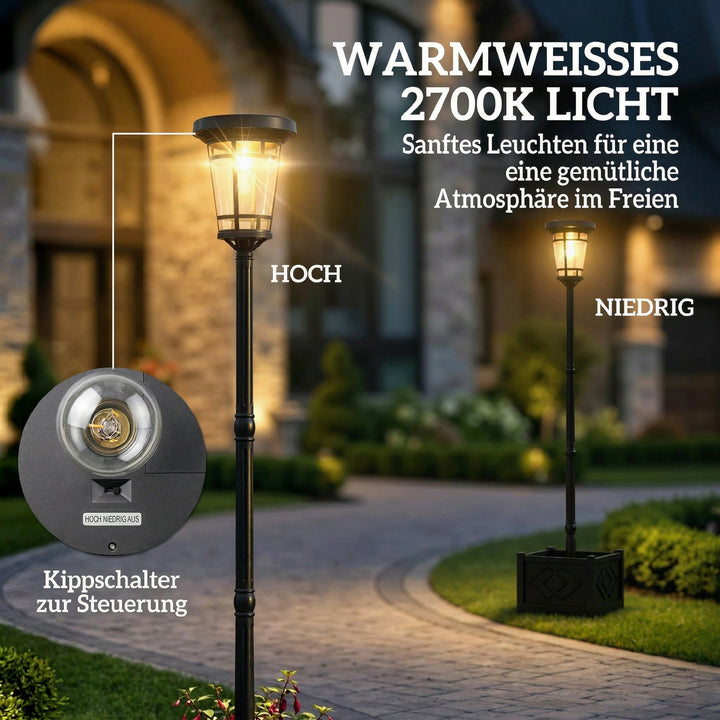 Solcelledrevet gulvlampe med blomsterpotte 195 cm udendørs havelanterne med 2 lysstyrkeniveauer lysstyringsafbryder IP44