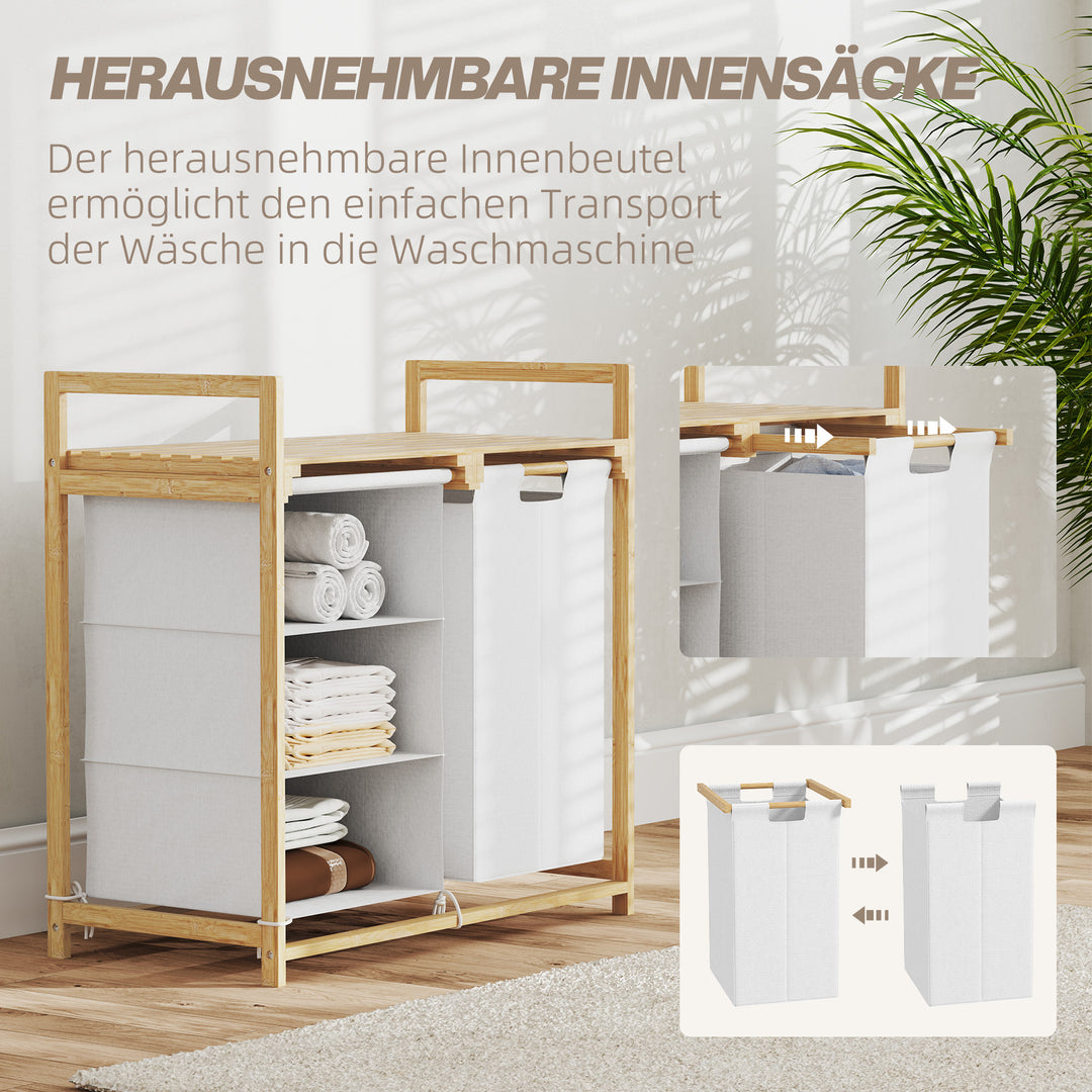 Vasketøjskurv med vasketøjspose, stofskuffe, bambus, 70x36x70 cm, hvid/træ