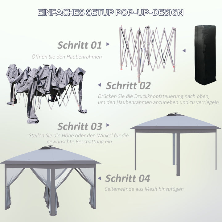 3,3 x 3,3 m foldbar pavillon med LED-belysning, netgardiner, bæretaske, grå