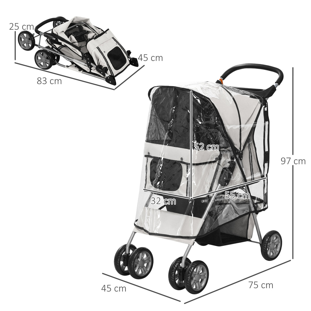 Dog buggy hundevogn op til 10 kg sammenklappelig regnovertræk bundkurv 2 kopholdere 75 cm x 45 cm x 97 cm grå
