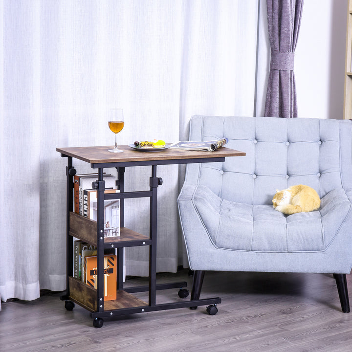 Sidebord med hjul, højdejusterbart, kompakt, 2 hylder, metalstel, 80x40x72-82 cm, brun/sort