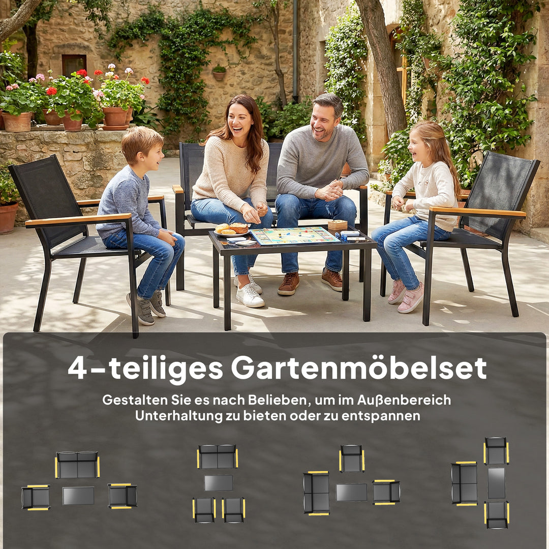 Metal havemøbelsæt, siddegruppe til 4 personer, havelounge med 2-personers sofa, stol og sidebord, 110x63,5x84 cm, sort