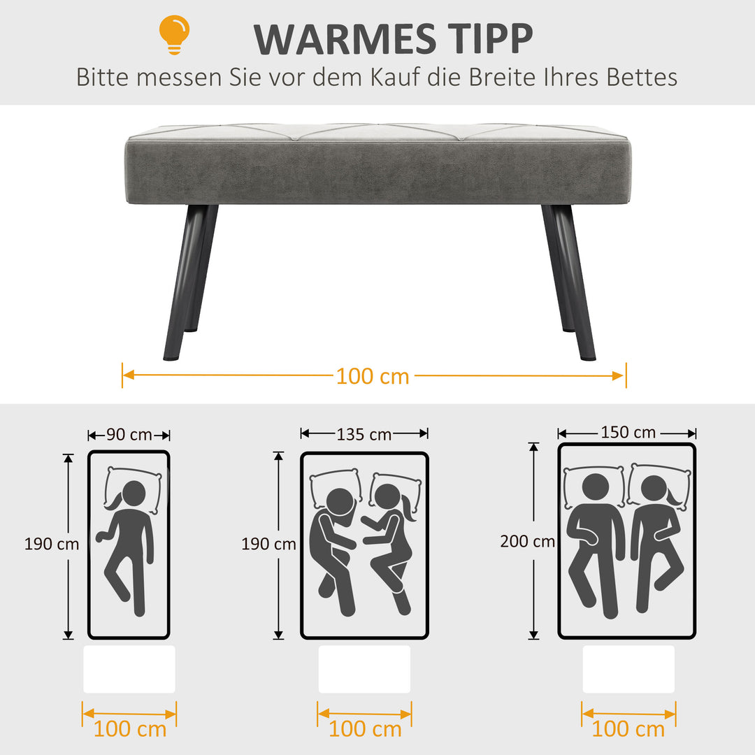 Polstret bænk sengebænk, velour look, 100 x 36 x 45 cm, grå