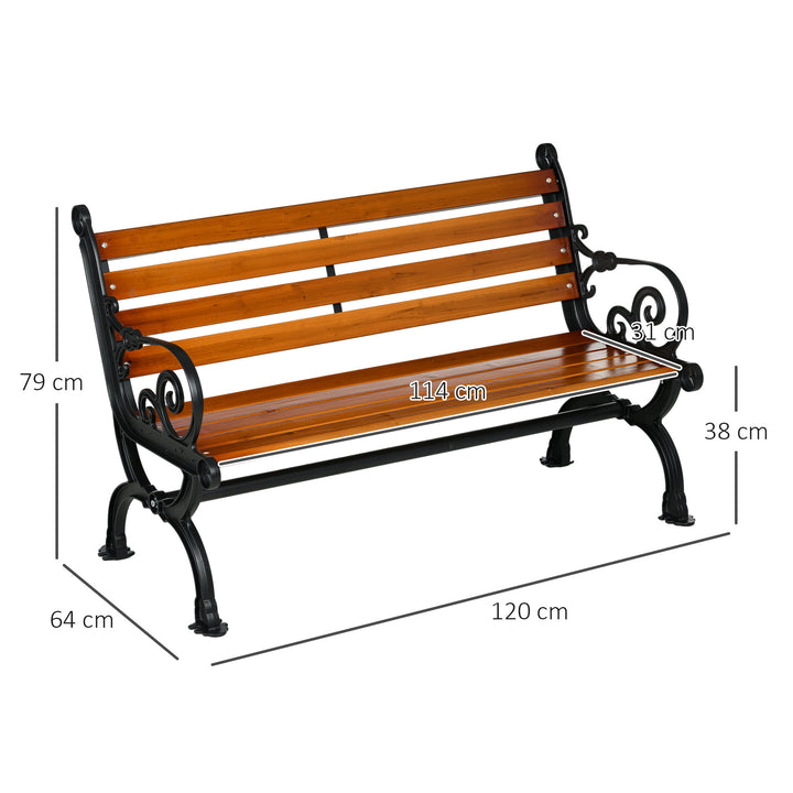 2-personers bænk med dekorative armlæn, til have og terrasse, støbt aluminium + naturtræ, 120 x 64 x 79 cm, teaktræ