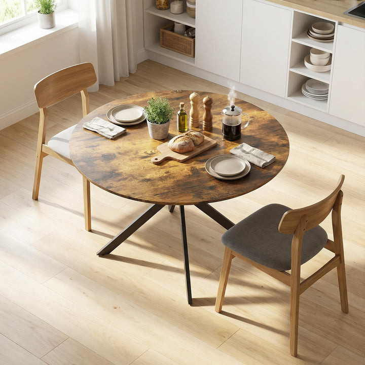 Rundt spisebord til 4 personer, industrielt køkkenbord med stålben, til spisestue, køkken, rustik brun