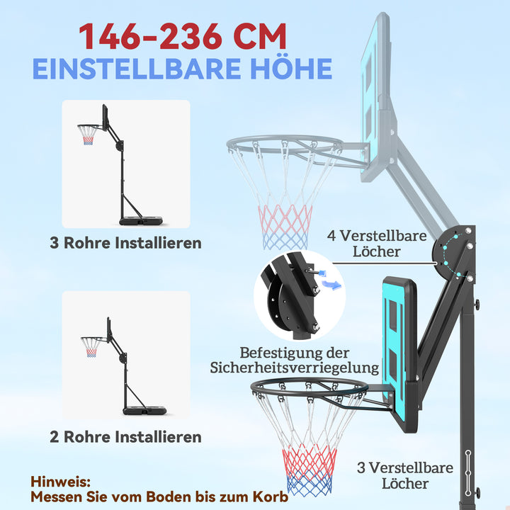 Basketballkurv, 146-236 cm højdejusterbar, basketballstativ, rullebar, stål, plastik, sort