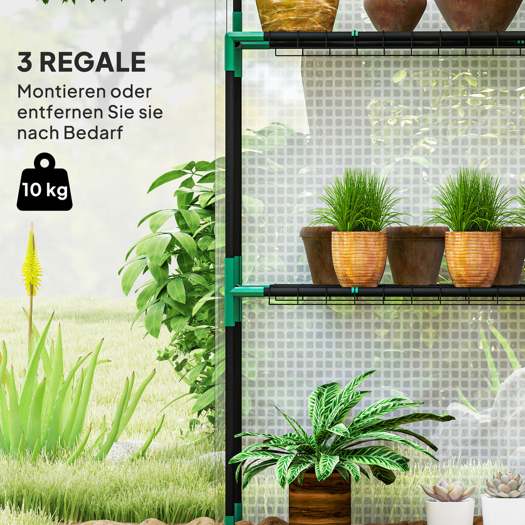 Drivhus med hylder, minidrivhus, uv-bestandigt, netvindue, lynlåsdør, 143l x 74b x 190h cm, hvid