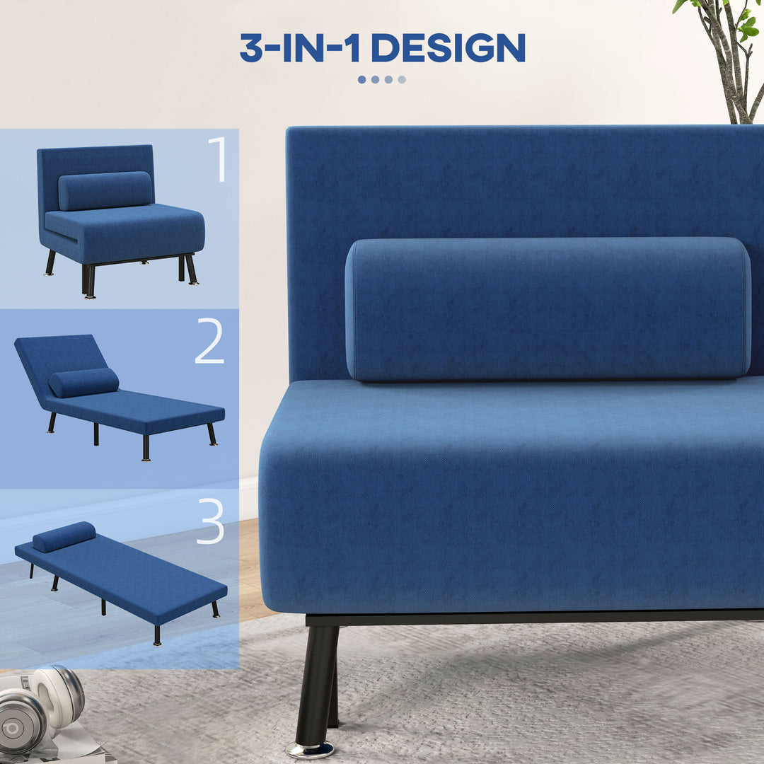 Klapstol med sengefunktion, foldbar afslapningsstol i linnedlook, justerbar ryglæn, 75x70x75 cm, mørkeblå