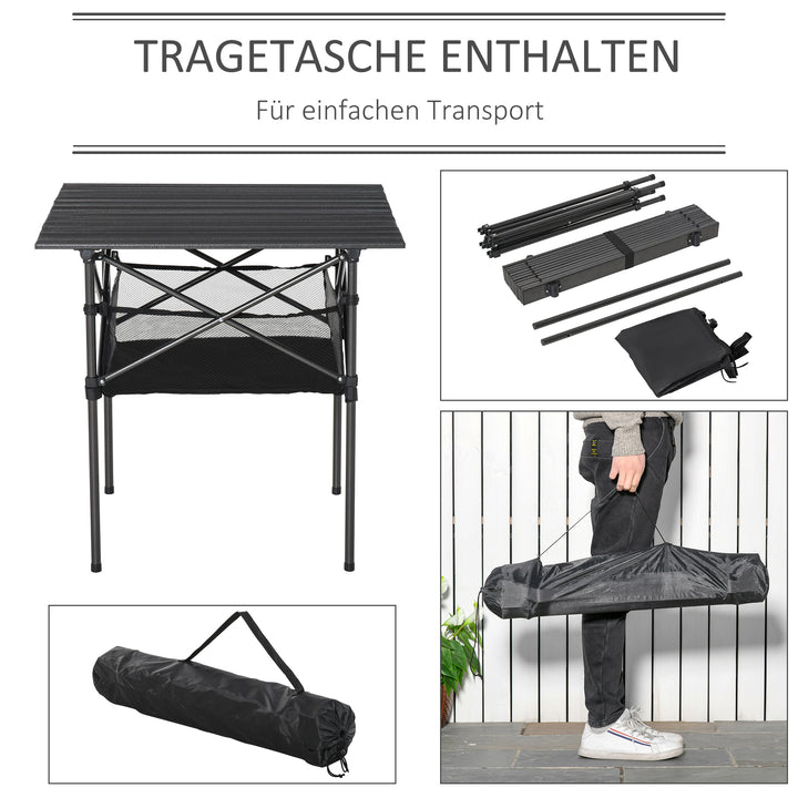 Foldbart campingbord i aluminium med netpose, bærbart picnicbord til camping, have, fest, picnic, balkon, sort, 70 x 70 x 69 cm