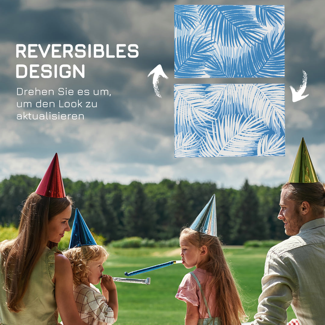 Udendørs vendbart tæppe, vandtæt, bladmønster, 182x274cm, blå/creme